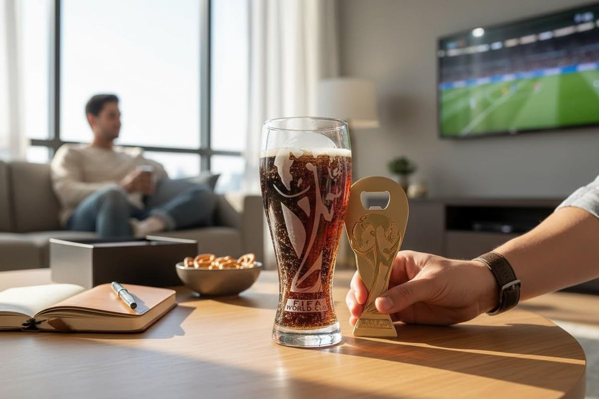 Official FIFA World Cup 2026 Edition - 17oz Pilsner Beer Glass & 6-Inch Trophy Bottle Opener Gift Set - 1 of Each - Perfect for Parties, Mancaves, Gamedays, Tailgates, BBQ’s - Collectors Drinkware Set