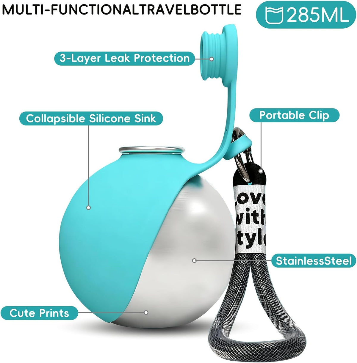 2 in 1 Portable Dog Water Bottle, 10oz Stainless Steel Leak Proof Pet Water Bottle with Foldable Silicone Bowl, Outdoor Travel Water Bottle for Dogs Walking Hiking Camping, 1 Pack Blue