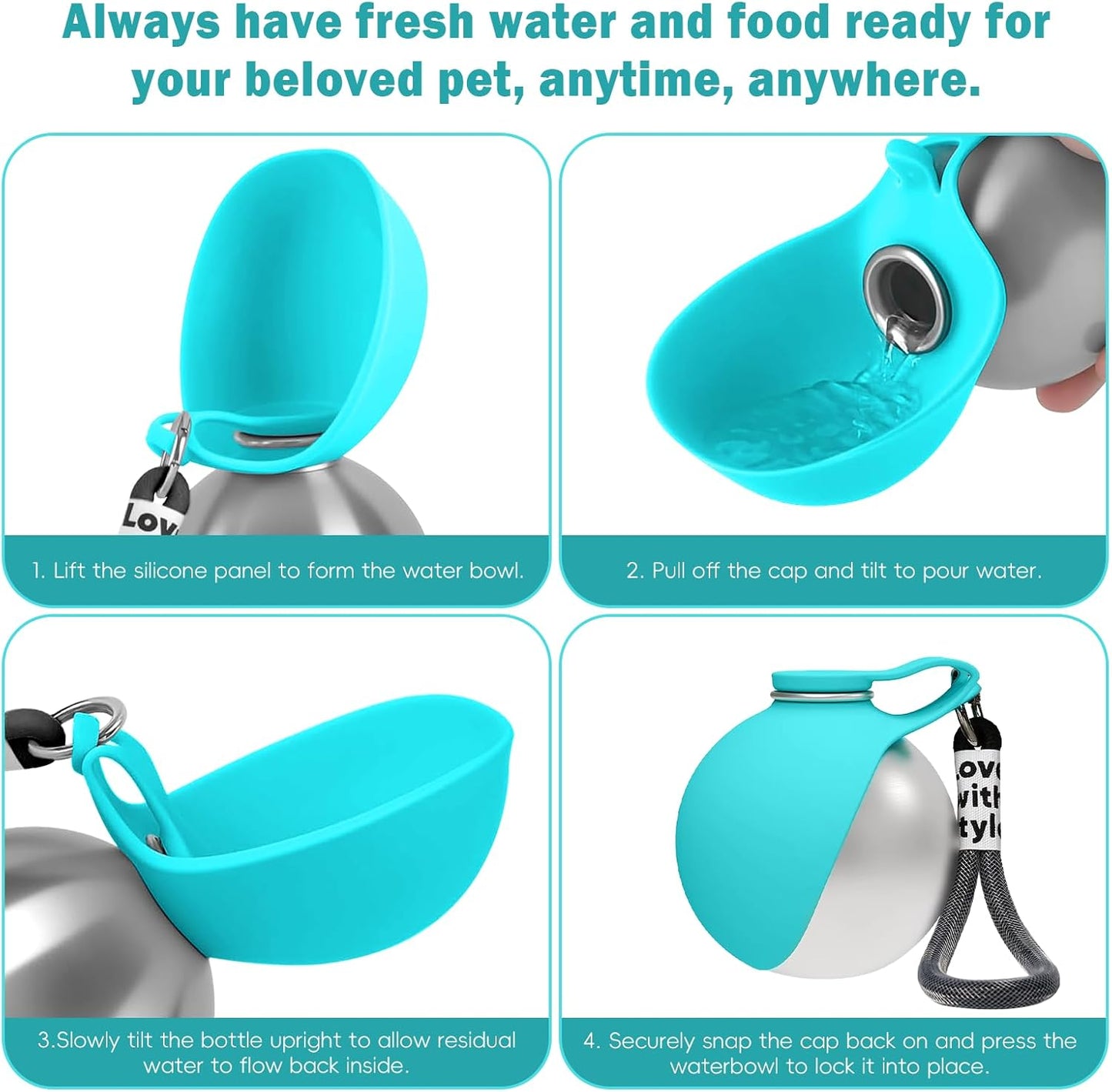 2 in 1 Portable Dog Water Bottle, 10oz Stainless Steel Leak Proof Pet Water Bottle with Foldable Silicone Bowl, Outdoor Travel Water Bottle for Dogs Walking Hiking Camping, 1 Pack Blue
