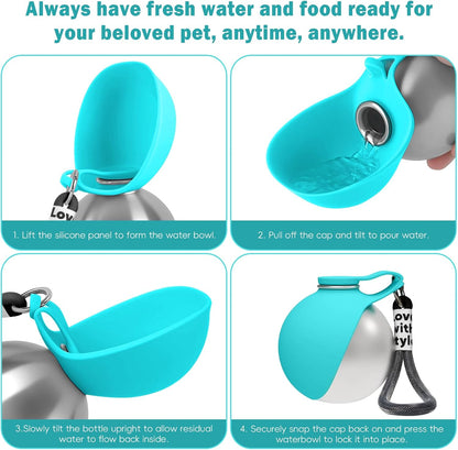 2 in 1 Portable Dog Water Bottle, 10oz Stainless Steel Leak Proof Pet Water Bottle with Foldable Silicone Bowl, Outdoor Travel Water Bottle for Dogs Walking Hiking Camping, 1 Pack Blue