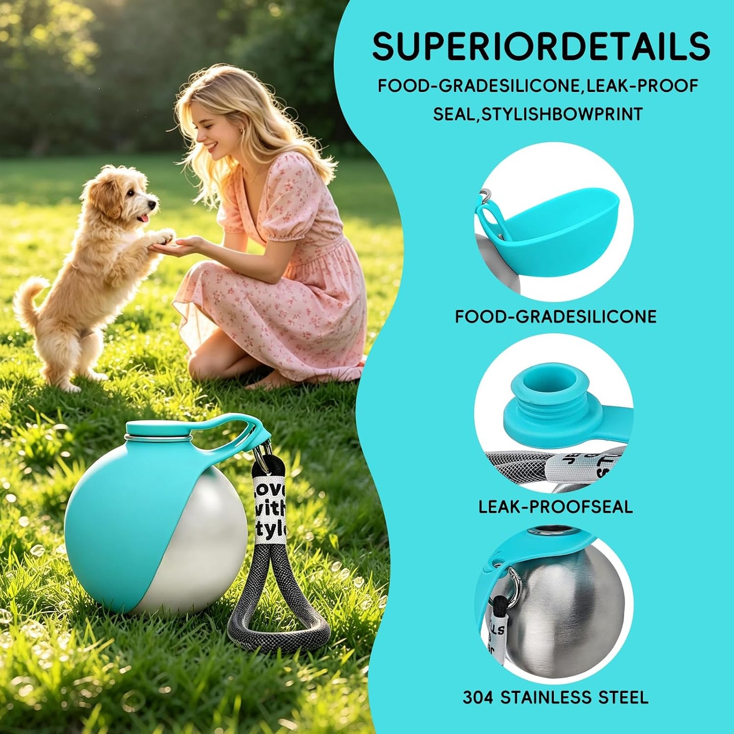 2 in 1 Portable Dog Water Bottle, 10oz Stainless Steel Leak Proof Pet Water Bottle with Foldable Silicone Bowl, Outdoor Travel Water Bottle for Dogs Walking Hiking Camping, 1 Pack Blue